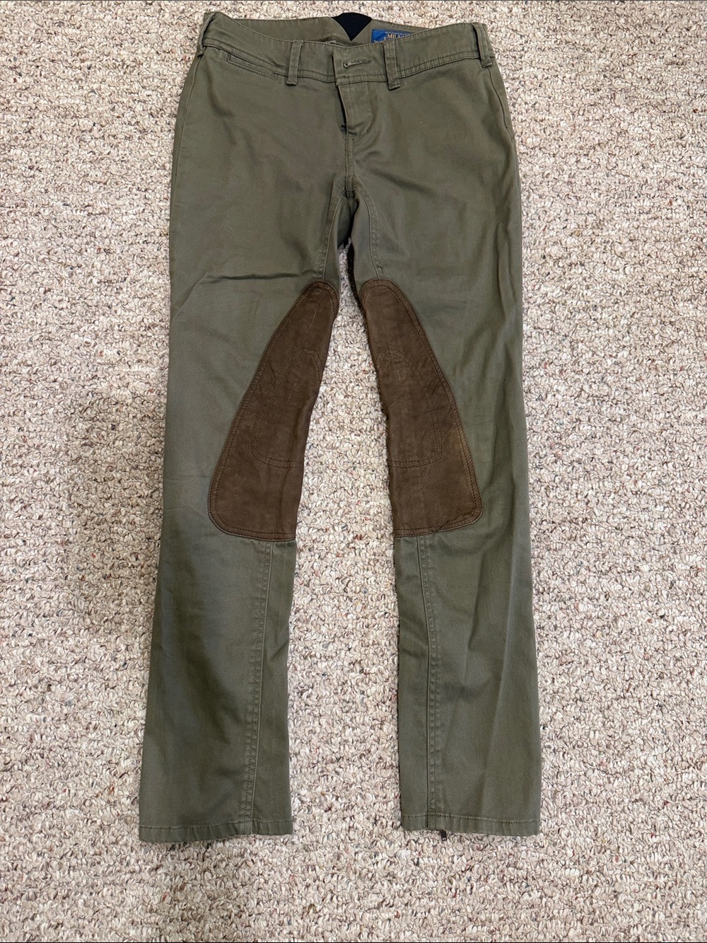 Women's Olive Green Skinny Riding Pants with Brown Knee Patches